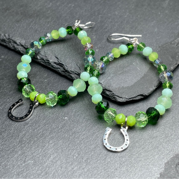 Lucky Horse Shoe Green Czech Crystal Hoop Earrings - Picture 9 of 11